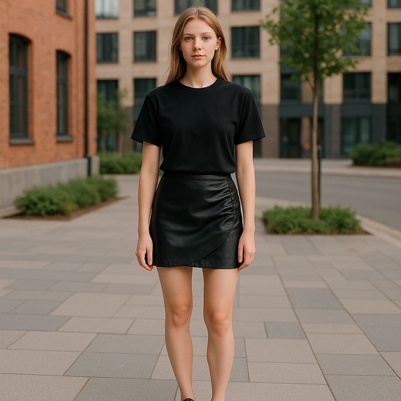 NWT House of Harlow 1960 Black Vegan Leather Mini Ruched Skirt Size Medium - Picture 1 of 15